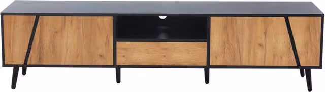 Mobile TV 180x40x46 cm con 2 ante, 1 cassetto e ripiani, struttura in truciolato con gambe in legno massello, per TV fino a 75 pollici