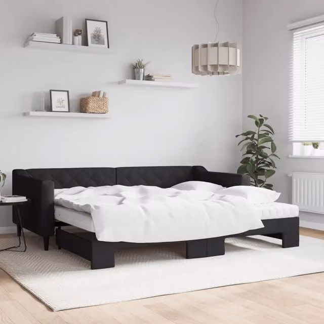 Divano Letto Estraibile vidaXL in Tessuto Nero con Cassetto per Soggiorno e Camera da Letto L/P: 90 x 200 cm – 1