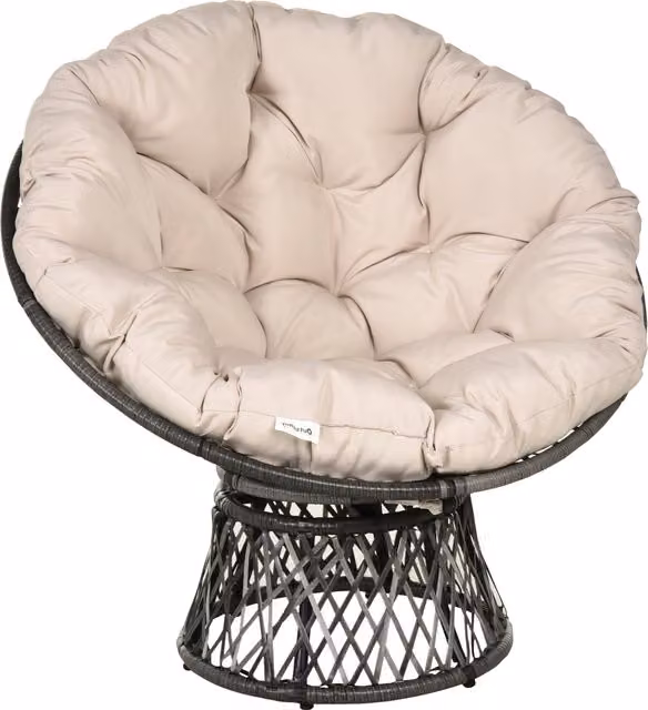 Poltrona Papasan Girevole Outsunny in Rattan e Poliestere con Cuscino, stile Boho, color Beige, Ø 97 x H 90 cm – 1