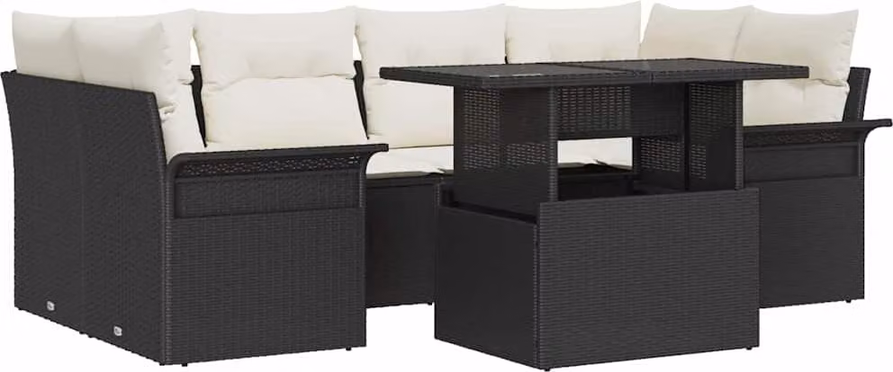 Set Divano da Giardino con cuscino 7 pcs Nero Poly Rattan