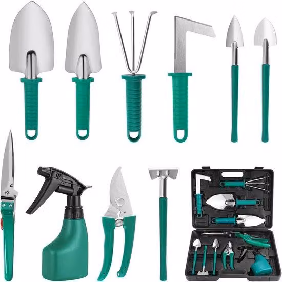 Set di 10 utensili da giardino Unyqoos® Thijox: paletta da trapianto, traspiantatore, rastrello, forbici da giardino, pala e flacone spray, manici ergonomici, portatile per lavori di giardinaggio