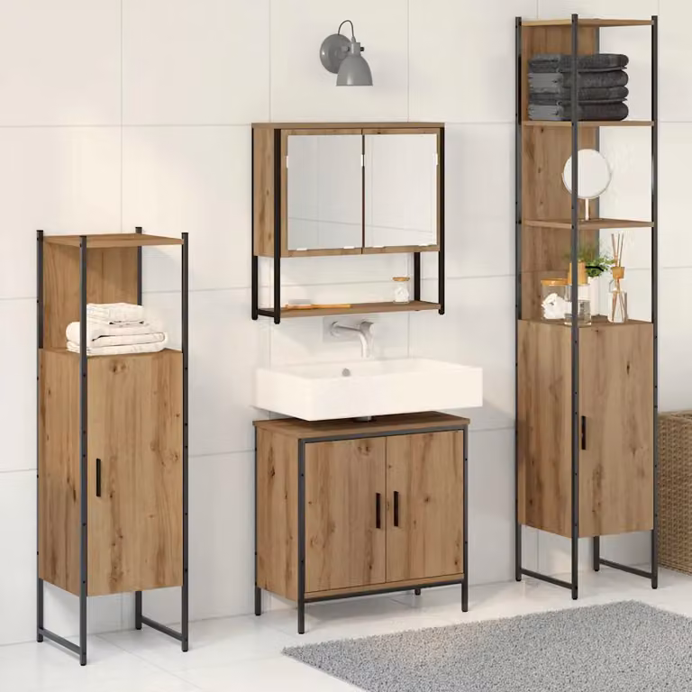 Set di mobili per il bagno moderno vidaXL in legno marrone, composto da 4 pezzi con base lavabo, armadietto con specchio, colonna alta e mobile laterale, L/P/H: 33 x 33 x 185,5 cm