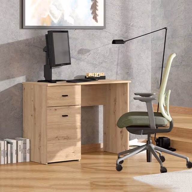 Scrivania moderna DMORA in legno color rovere e nero, L 98 cm x P 45 cm x H 74 cm – 1