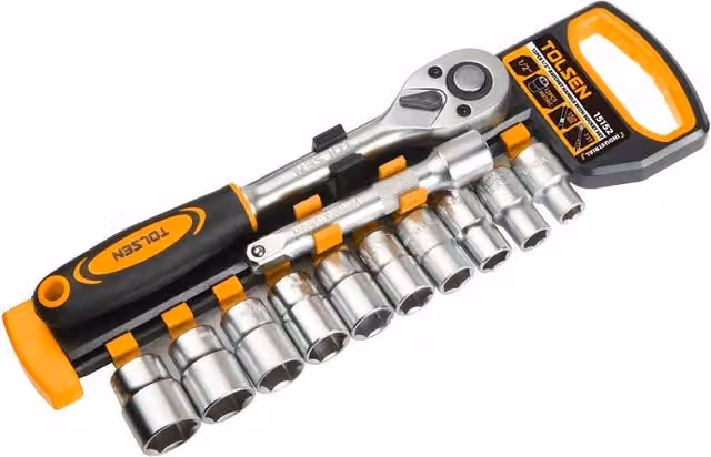 Set di Cricchetto Reversibile Tolsen con 10 Bussole 10-22mm in Acciaio Inossidabile Argento