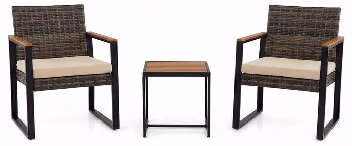Set di mobili da balcone KOMFOTTEU in rattan sintetico PE, set da giardino composto da 3 pezzi con 2 sedie e un tavolino, set per balcone con cuscini rimovibili, capacità di carico di 150 kg, set di sedute per balcone, terrazza o giardino