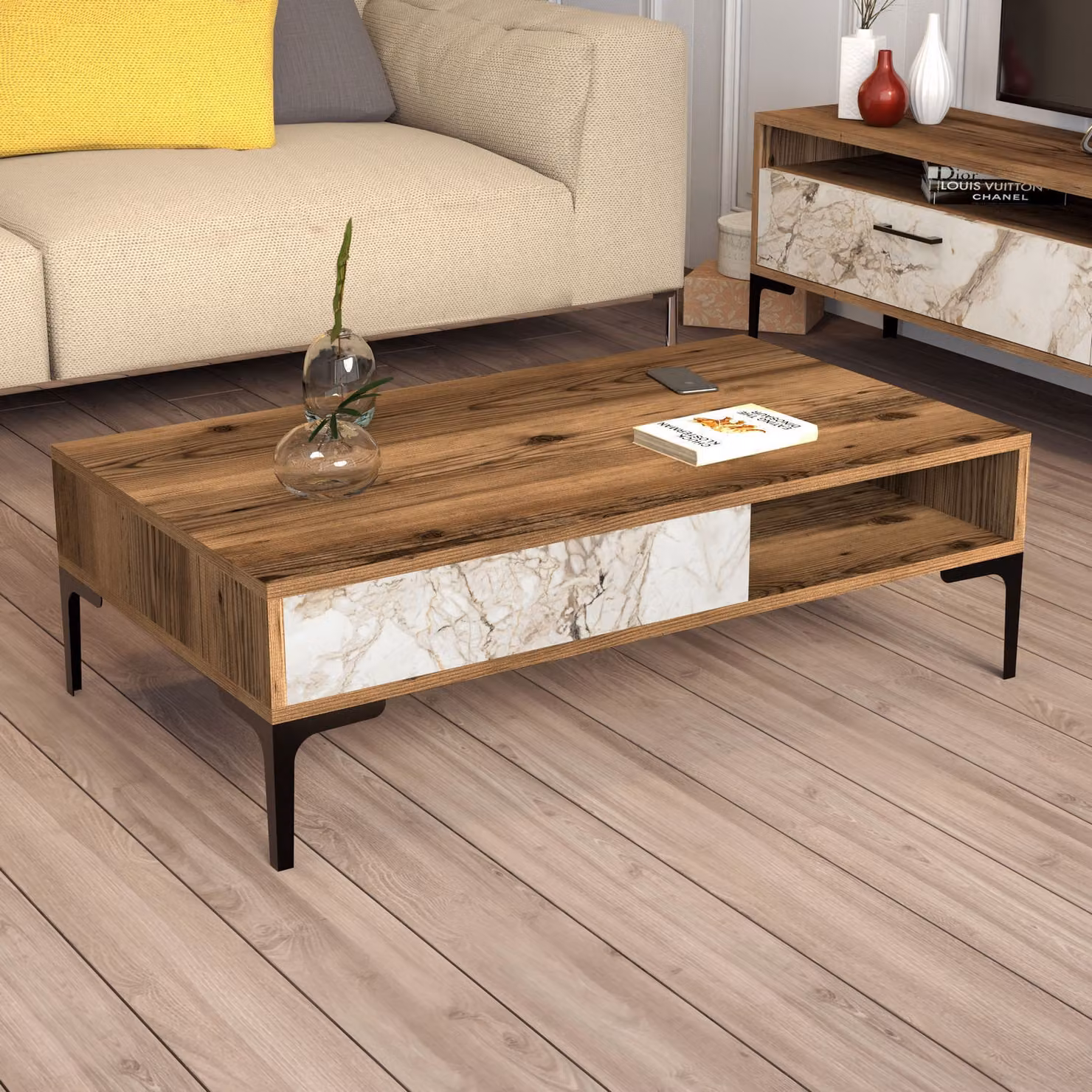Skye Decor, tavolino moderno in noce e bianco, dimensioni 105 x 60 x 32,6 cm | Realizzato in pannello di particelle rivestito in melamina al 100%, spessore 18 mm | Design elegante con gambe in metallo da 17 cm.