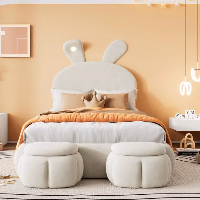 Letto singolo imbottito in velluto beige 90x200 cm con orecchie da coniglio e luce LED, 2 pouf inclusi
