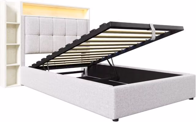 Letto contenitore matrimoniale Chicfurn beige con testiera imbottita, illuminazione LED e porte USB e Tipo C, L/P/H: 90 x 200 x 109,5 cm