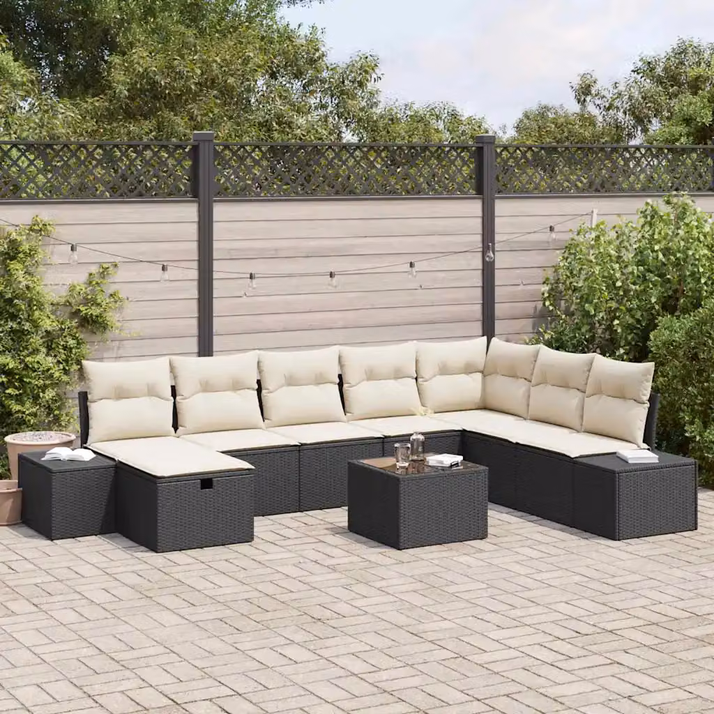 Set Divano da Giardino Moderno vidaXL in Polyrattan Nero con Cuscini e Tavolino da 9 Pezzi – 1