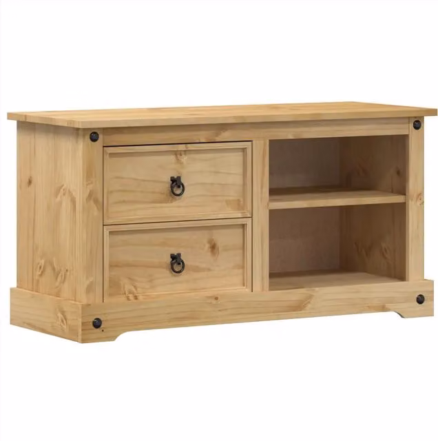 Mobile TV Corona in legno massello di pino color marrone con finitura cerata, stile rustico, L 100 cm x P 40 cm x H 52 cm