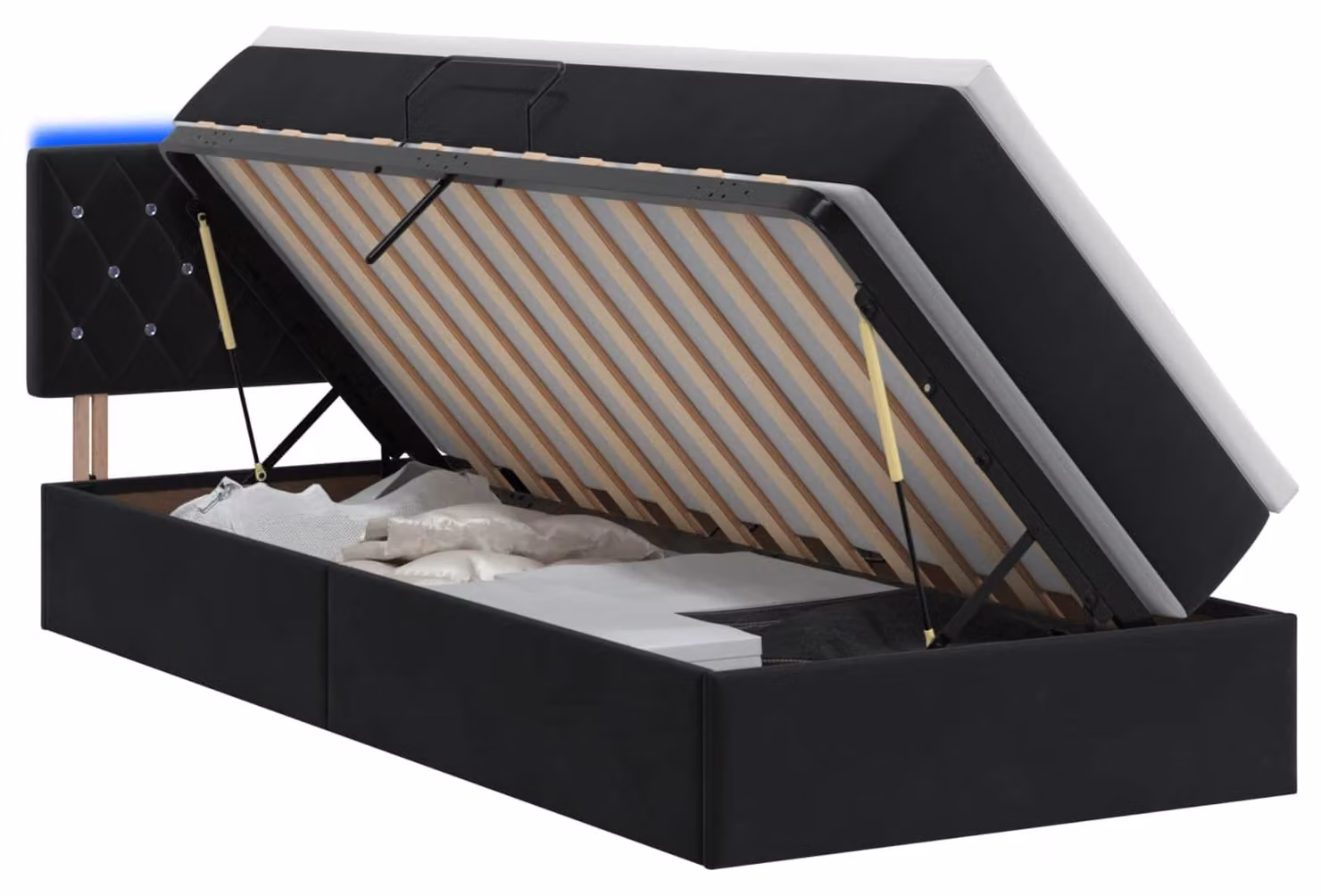 Letto contenitore con tecnologia LED e materasso, colore nero, dimensioni 90 x 200 cm, rivestito in velluto