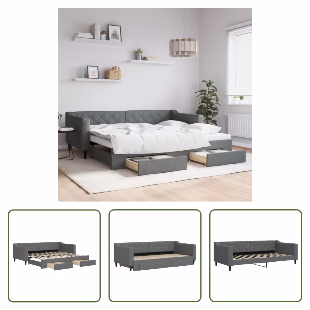 The Living Store Letto da giorno allungabile con cassetti grigio scuro 90x200 cm in tessuto