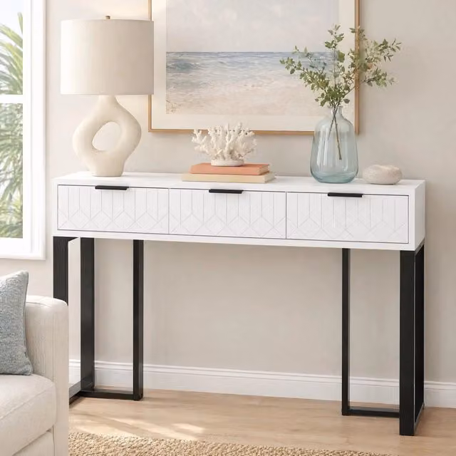 Consolle Mivray moderna con cassetti in MDF laccato bianco e nero e telaio in metallo dorato per ingresso, soggiorno o ufficio