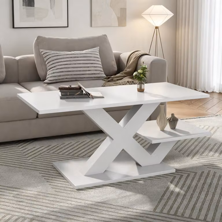 Tavolino quadrato con doppio piano, struttura a forma di X, tavolino da salotto con spazio contenitivo, colore bianco