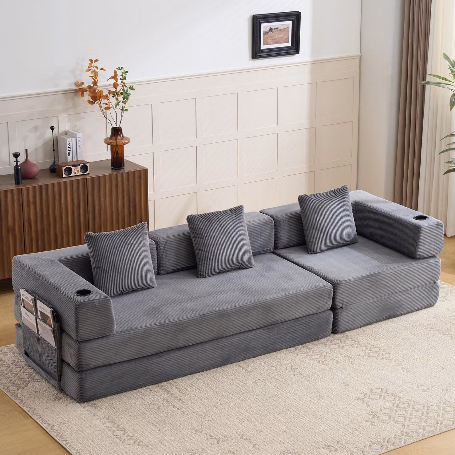 Divano a pavimento, divano componibile, trasformabile, con cuscini, braccioli, portabicchieri, tasche laterali, rivestito in tessuto corduroy, ideale per soggiorno/camera da letto. L3