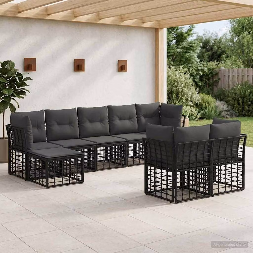 Set di divani da esterno a L vidaXL in polyrattan con cuscini, nero e grigio