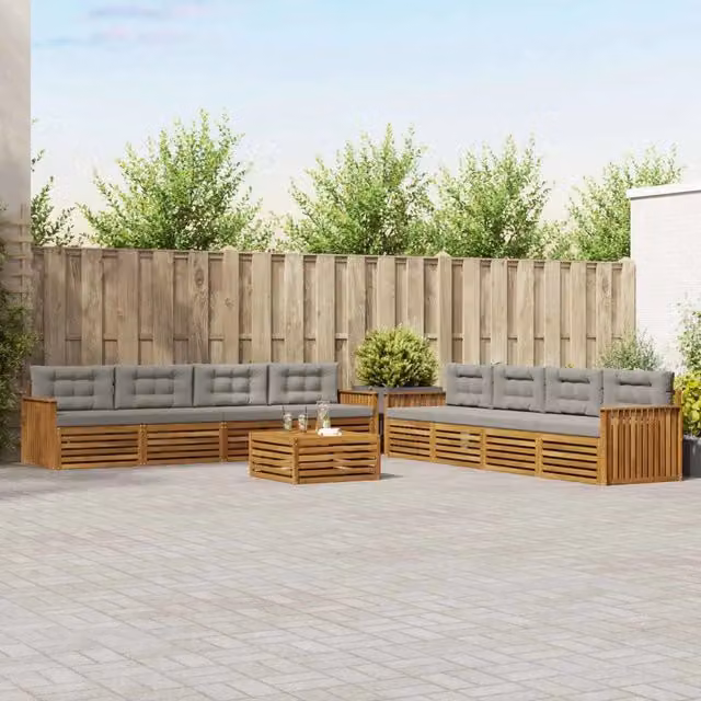 Set di divani da esterno vidaXL a forma di U composto da 9 pezzi in legno di acacia con cuscini beige e grigi e tavolino da giardino – 1
