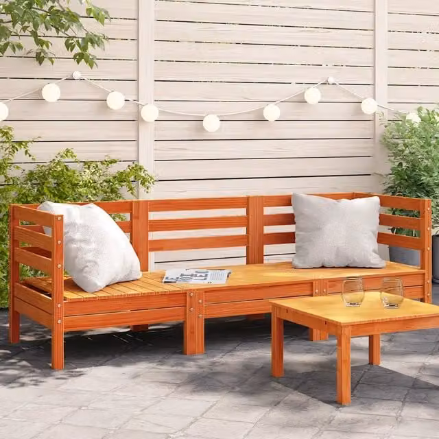 Divano da giardino a 3 posti vidaXL in legno di pino marrone con cuscini inclusi L: 190,5 cm, P: 63,5 cm, H: 62,5 cm