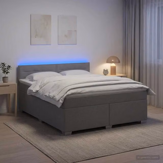 Letto Box Spring vidaXL con Materasso Ibrido e Illuminazione LED, Grigio Chiaro, L/P: 160 x 200 cm
