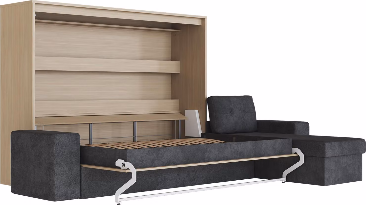 Letto a scomparsa 160x200 orizzontale M2 (profondità 55 cm) antracite con divano ad angolo antracite Quercia Kaiserberg