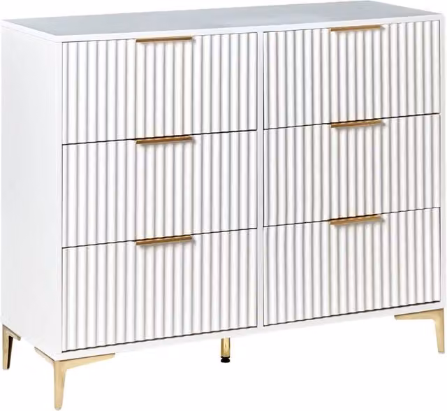 Cassettiera bianco MDF 6 Cassetti Gambe in Metallo Maniglie Fronti Scanalati Design Moderno Camera da Letto Soggiorno