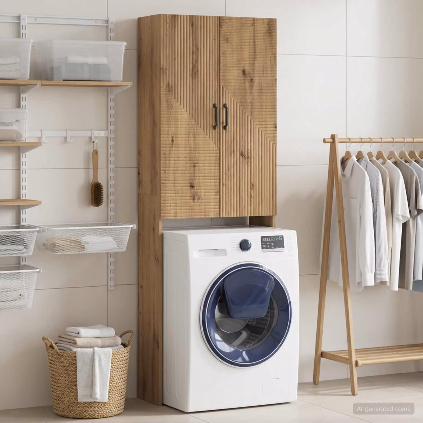 Mobiletto da bagno moderno vidaXL HAARLEM in rovere e metallo, colore marrone e nero, L: 66 cm, P: 25,5 cm, H: 190 cm