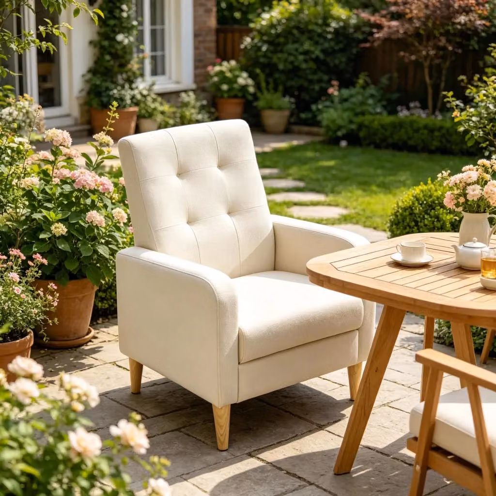 Poltrona imbottita WISHDOR in tessuto beige con struttura in legno massiccio e braccioli, L: 73.5 cm, P: 68.0 cm, H: 90.5 cm – 2