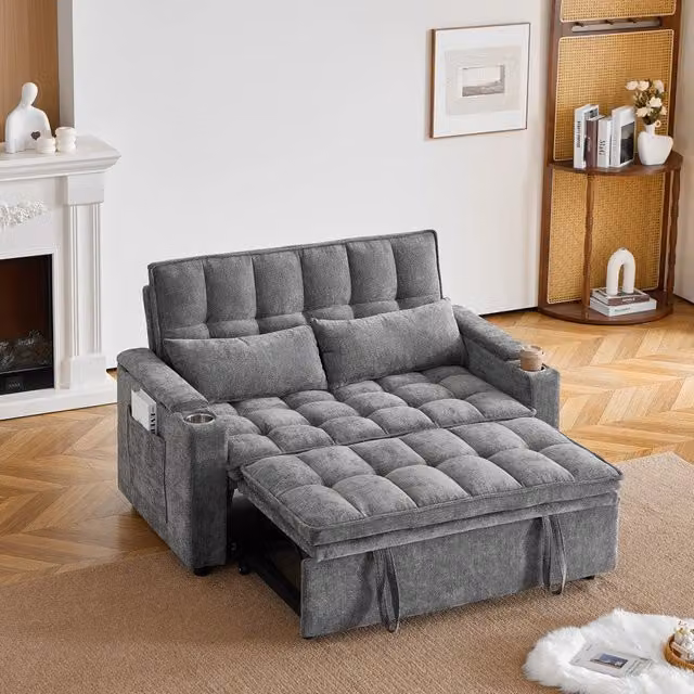 Divano letto 3 in 1 con contenitore, tasche e portabicchieri in ciniglia grigio
