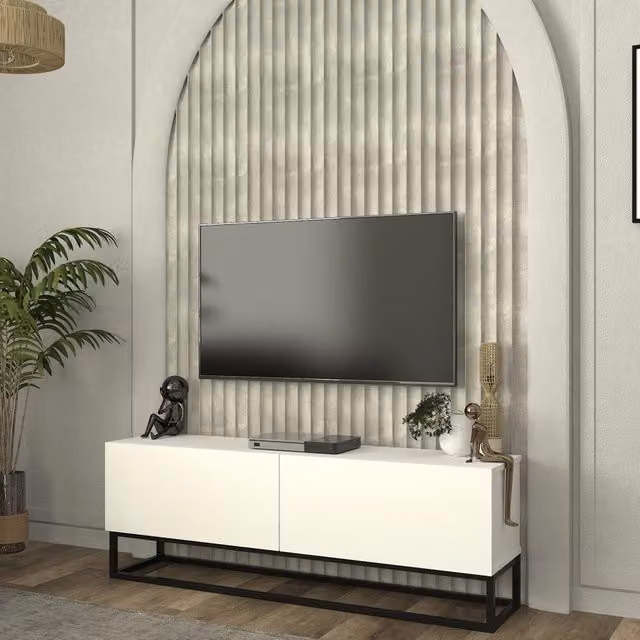 Mobile Porta TV Nolven en.casa con 2 Ante Ribalta e Telaio in Metallo, Bianco, L: 135 cm, P: 31,5 cm, H: 46,5 cm