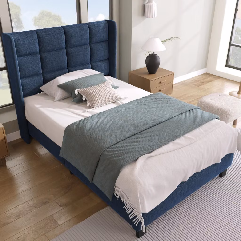 Letto singolo Mivray con rete a doghe in legno, struttura in metallo e rivestimento in tessuto blu, L/P: 90 x 200 cm – 2