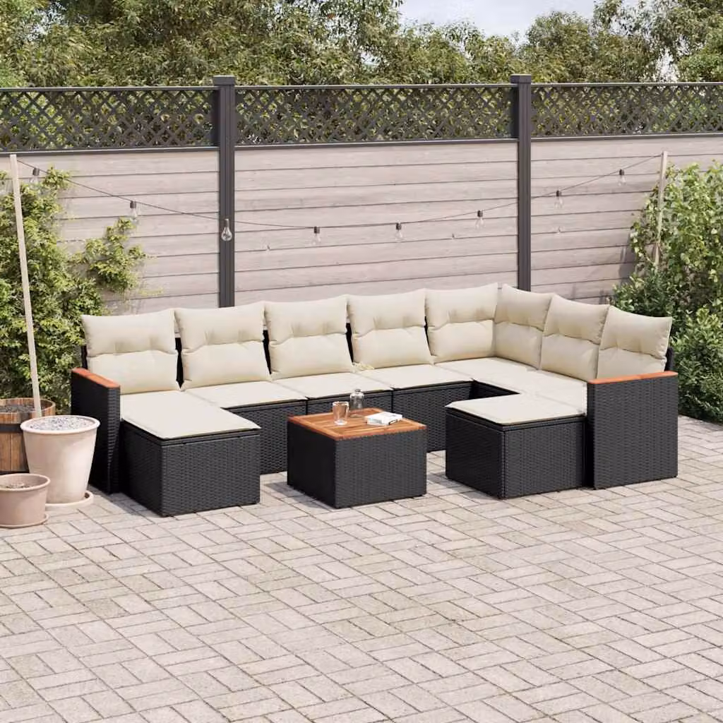 vidaXL Set Divani da Giardino a Forma di U in Polyrattan Nero con Cuscini e Tavolino da Caffè – 1