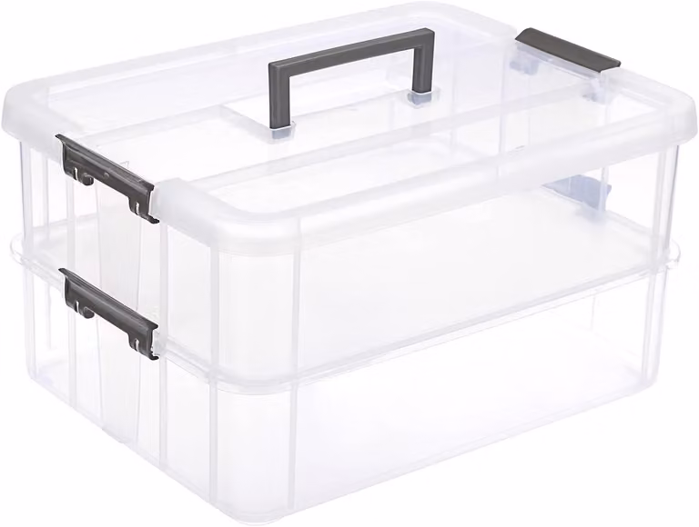 Contenitore impilabile a 2 scomparti, in plastica trasparente, con maniglia per il trasporto, di colore grigio scuro, ideale per articoli da hobby e artigianato