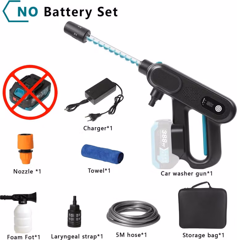 Idropulitrice portatile ad alta pressione - Pistola lavante senza spazzole - 220 bar - 3 modalità - Tubo da 5 metri - 18V, 1 batteria, spina di tipo EU