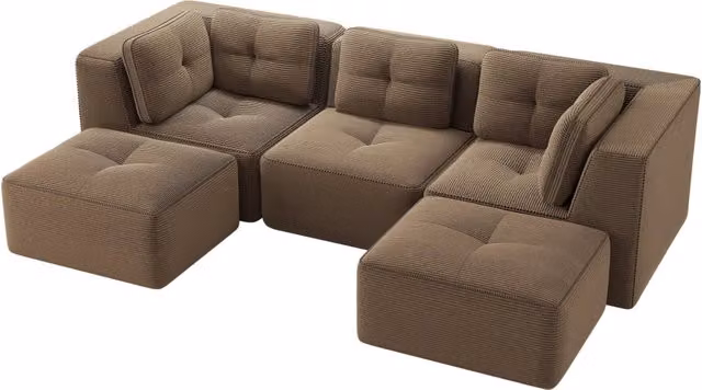 Divano modulare senza struttura, 3 posti in velluto a coste marrone con chaise longue, profondità seduta 74 cm