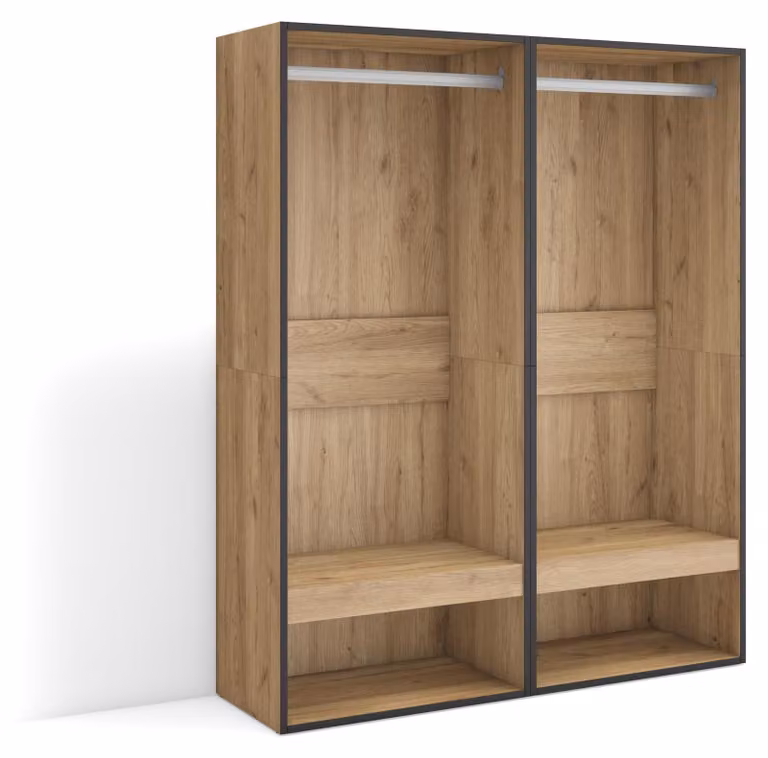 Armadio aperto, dimensioni 120x145x35 cm, aspetto legno di quercia, design moderno