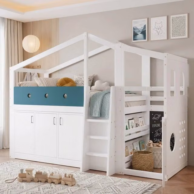 Letto a casetta per bambini 90x200 cm in legno; con armadio e zona gioco; bianco