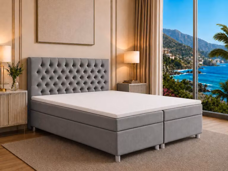 Best for Home Letto boxspring con contenitore Trinity K-14 con molle Bonell, topper incluso - 160x200 - Grigio