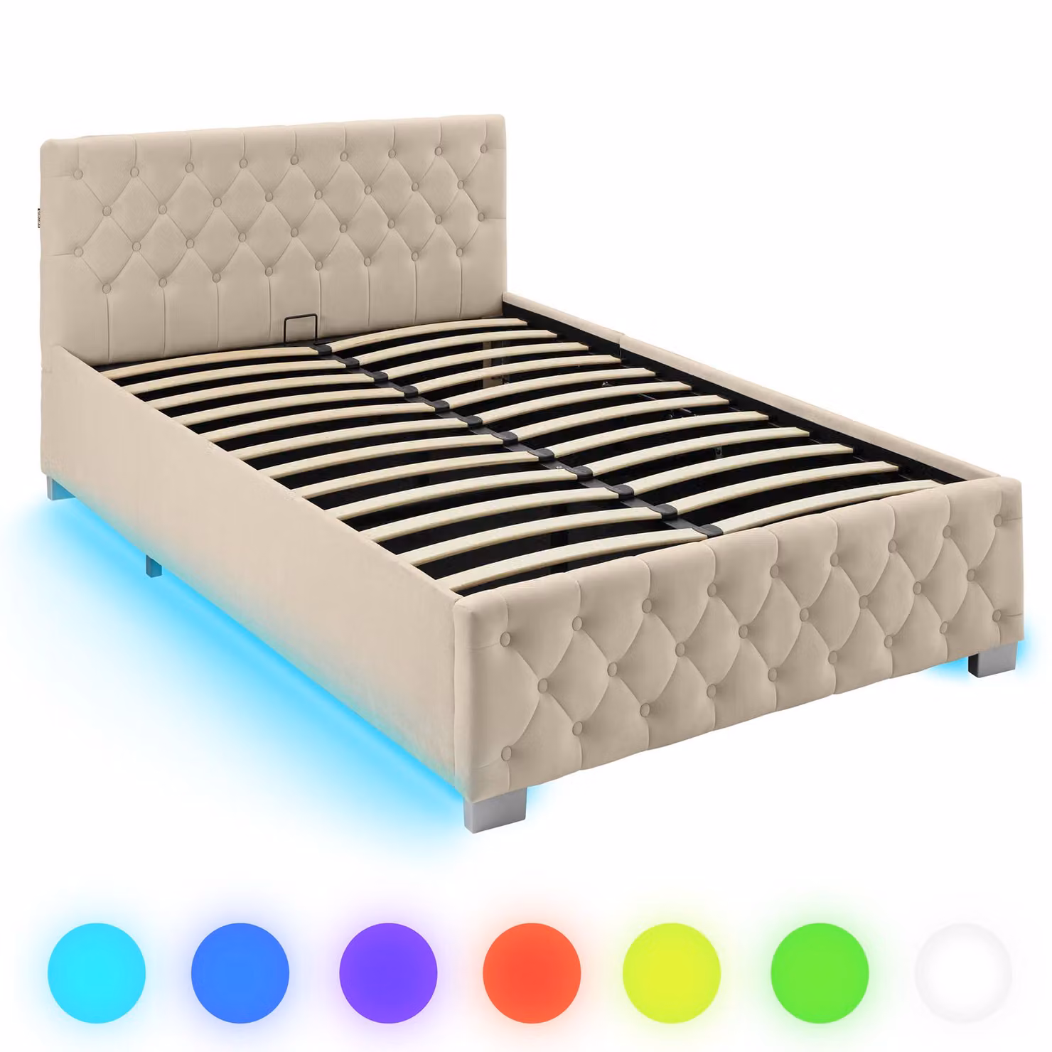 Letto imbottito con contenitore a sollevamento e illuminazione LED Tectake in velluto beige L/P: 120 x 200 cm – 4