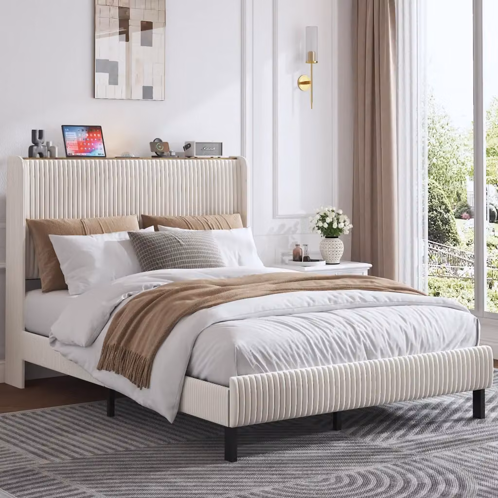Letto matrimoniale imbottito con testiera in corduroy e struttura in metallo, beige, L 140 x P 200 cm – 2