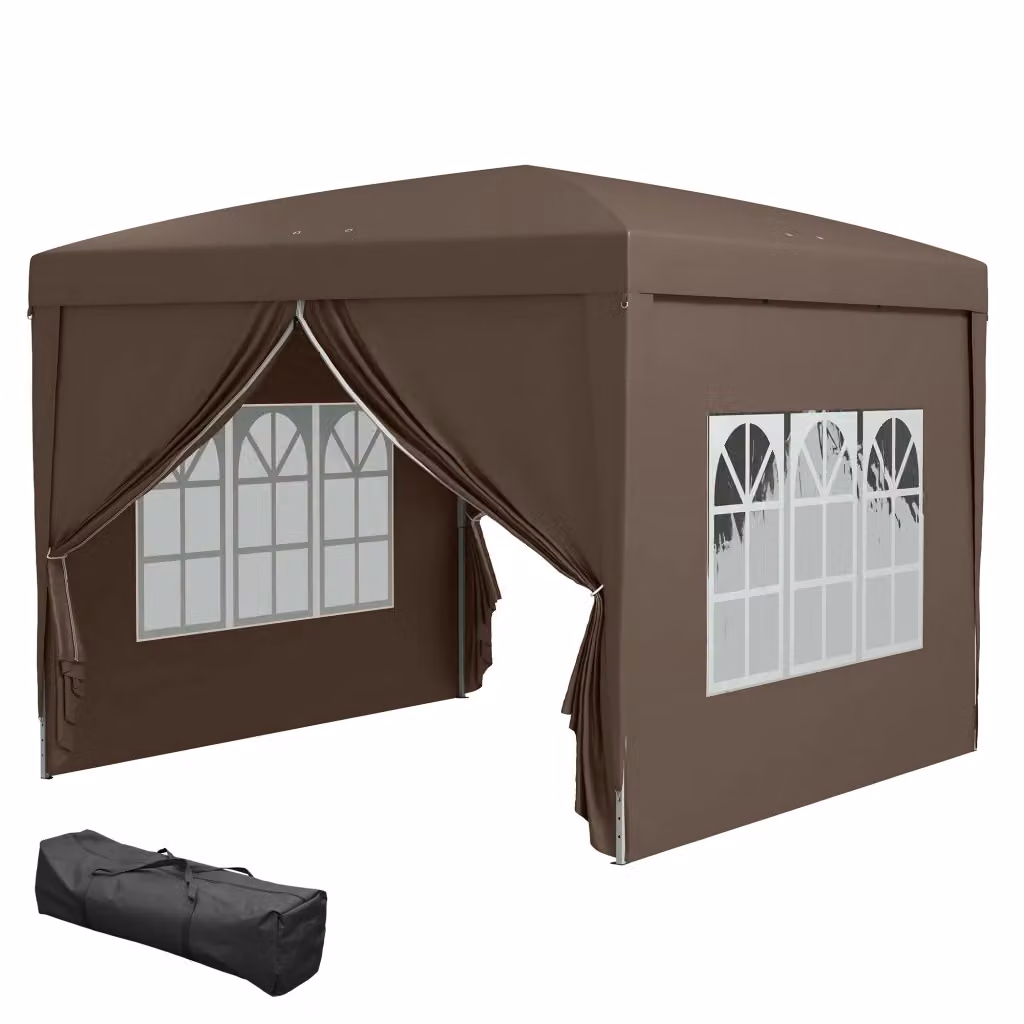 Gazebo Pieghevole Pop-up XYLO Marrone con 4 Pareti Laterali Anti-UV e Borsa, L/P/H: 3 x 3 x 2,58 m – 2