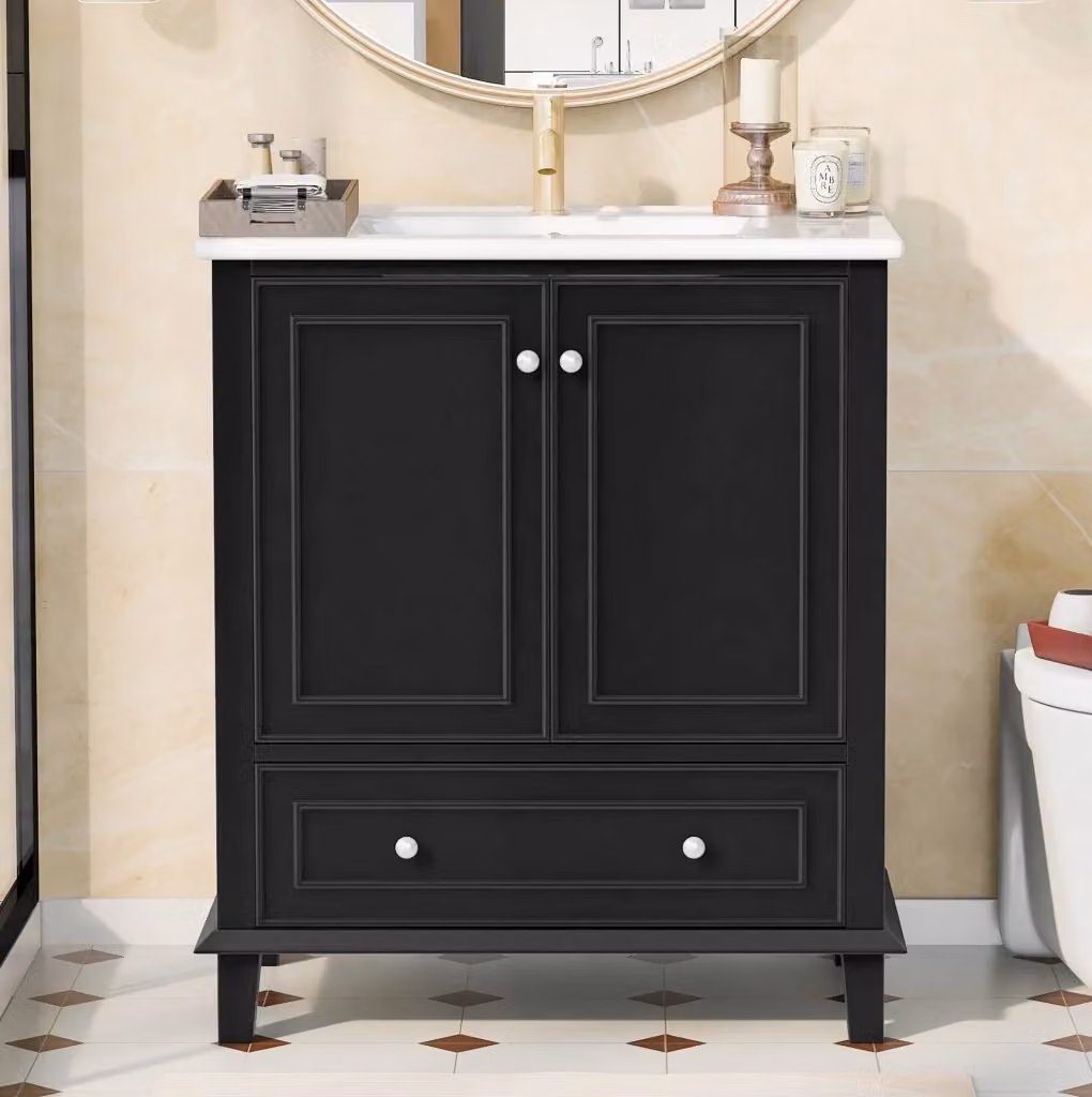 Mobile bagno moderno nero con lavabo in ceramica e ripiani interni L: 76 cm, P: 46 cm, H: 87 cm – 2