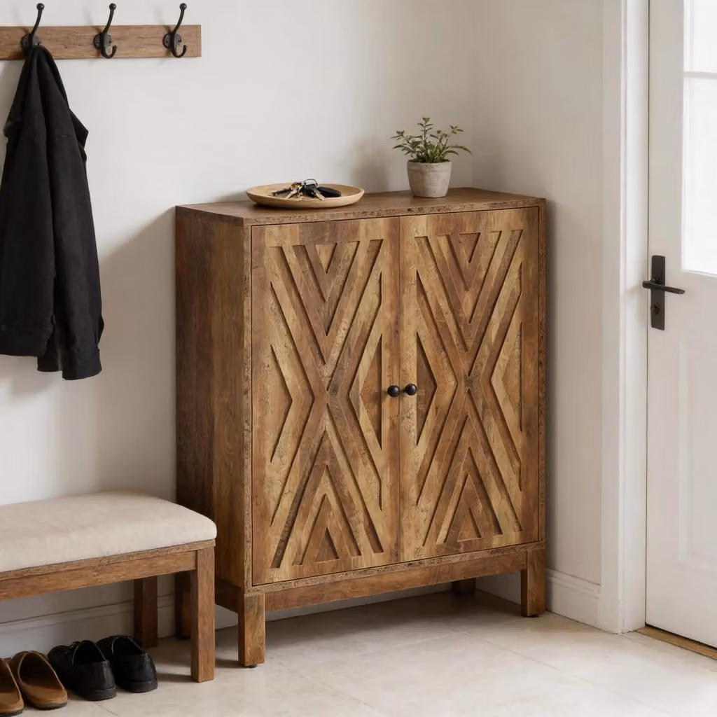 Scarpiera OKWISH in stile industriale con ripiani regolabili e ante a battente, in MDF e metallo, marrone rustico, ideale per ingresso, soggiorno o camera da letto – 2