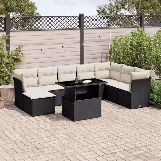 Set Divani da Giardino 9 pz con Cuscini Nero in Polyrattan 3266786