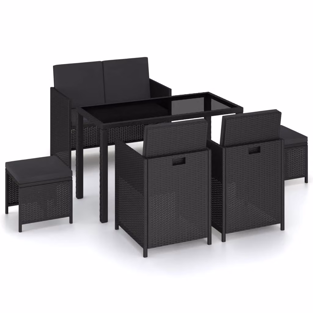 The Living Store Set da pranzo da giardino da 6 pezzi con cuscini in poly rattan nero