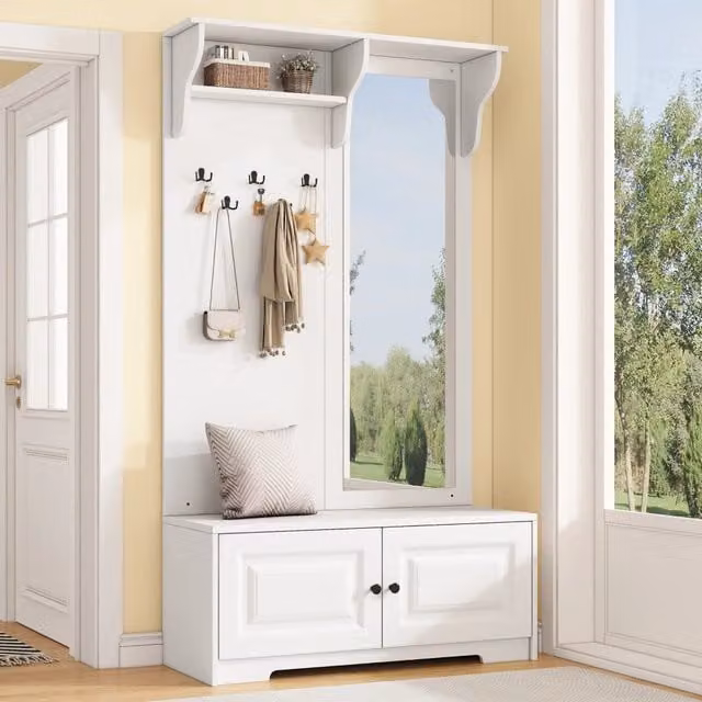 Mobile ingresso OKWISH moderno in MDF bianco con specchio, 5 ganci e 2 vani con ante soft-close, L/P/H: 100 x 40 x 180 cm