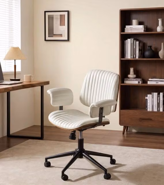 Sedia da ufficio ULEVR girevole a 360¡ã con ruote, braccioli imbottiti e rivestimento in similpelle beige