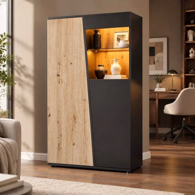 Vetrina con 2 ante, 7 ripiani e LED Bluetooth, MDF e truciolare, da soggiorno, nero e legno naturale, 80 × 35 × 139,5 cm