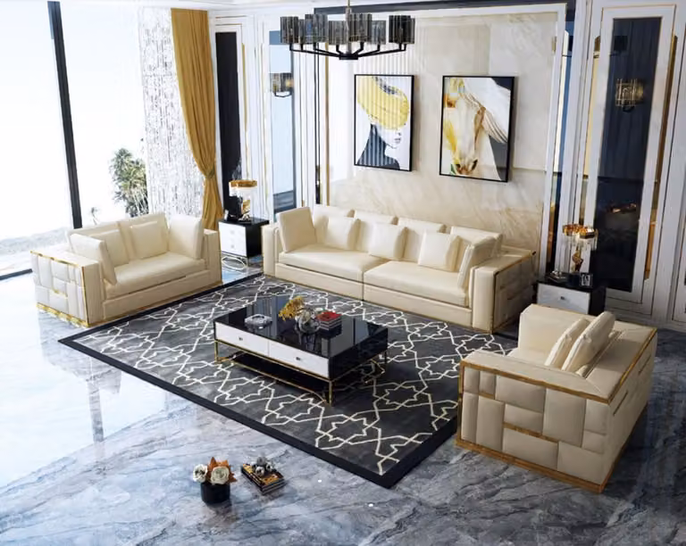 Design Sofa Couch Polster Sitz Garnitur 3+2+1+ Chaiselongue Leder Luxus Metall