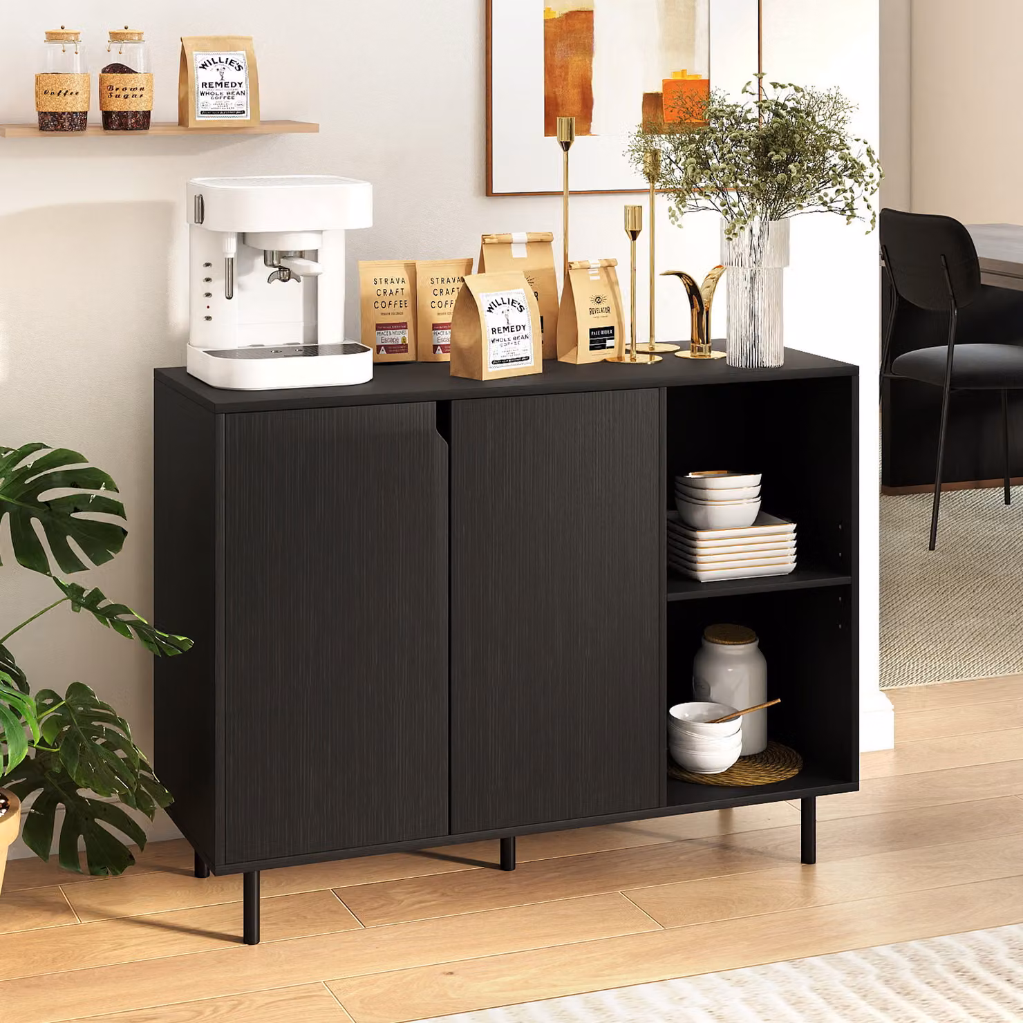 Buffet cucina Costway moderno in legno e metallo con 2 ante e 2 scomparti aperti, consolle per sala da pranzo con ripiani regolabili, Nero, L: 106 cm, P: 38 cm, H: 80 cm