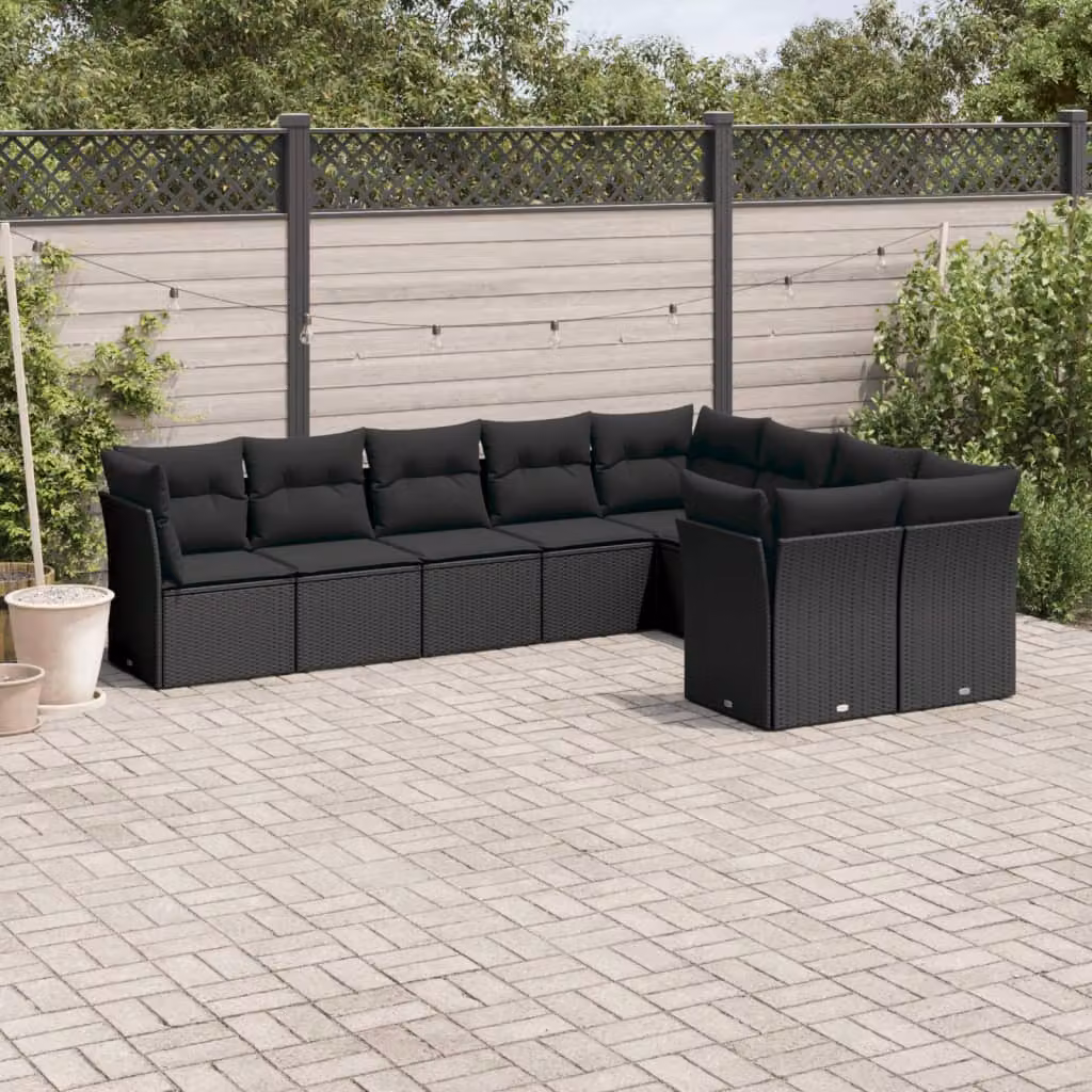 vidaXL Set Divani da Giardino 9 pz in Polyrattan Nero con Cuscini Imbottiti e Rivestimenti Rimovibili – 1